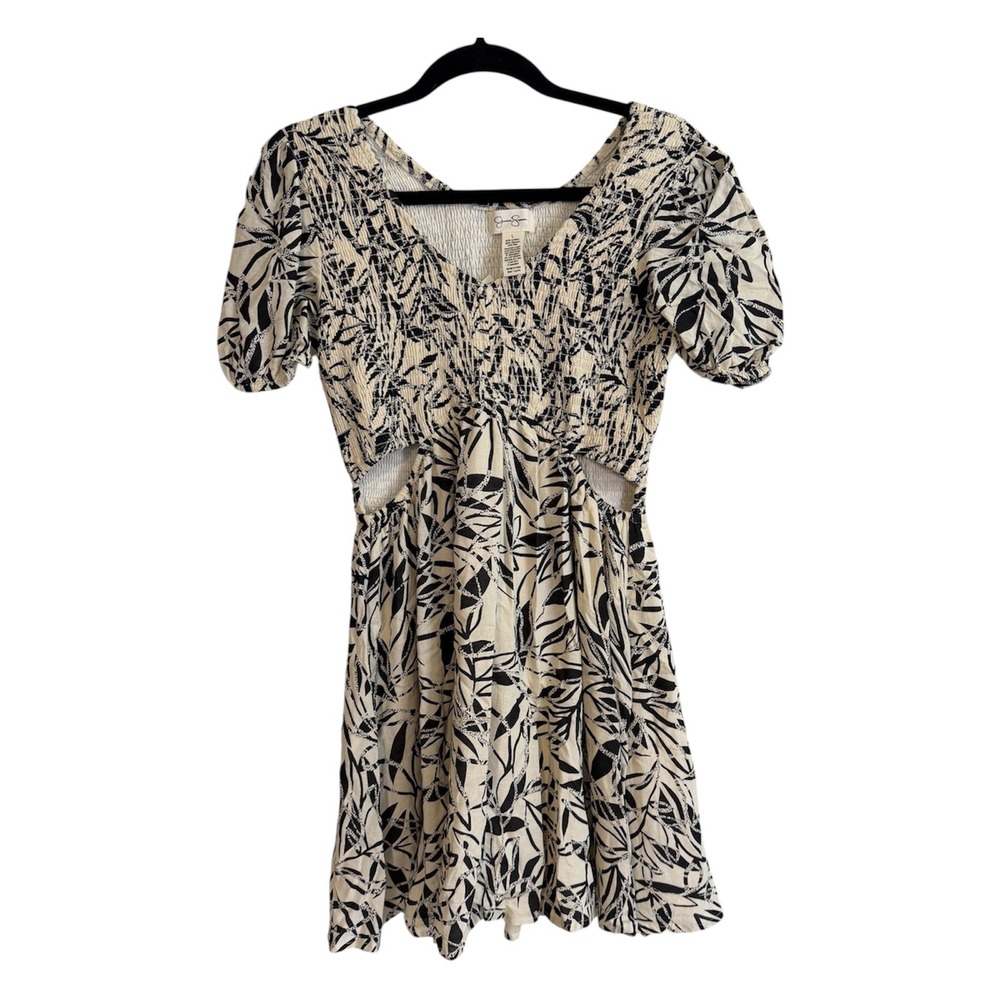 Jessica Simpson Dress Women L Black Leaf‎ Print Smocked Waist Cutout NEW